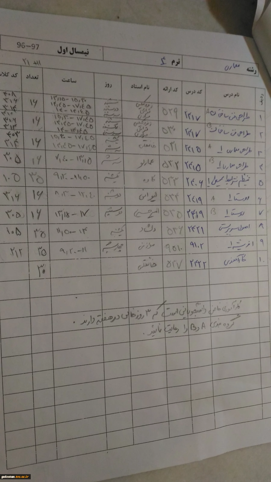 جدول های دروس سال تحصیلی 97-96 9